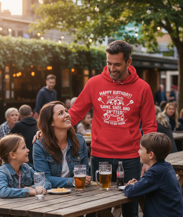 Happy Birthday! You’re Officially 'game, Shot, and Sh*tted'. Time to Go Home | Funny Darts Birthday Hoodie