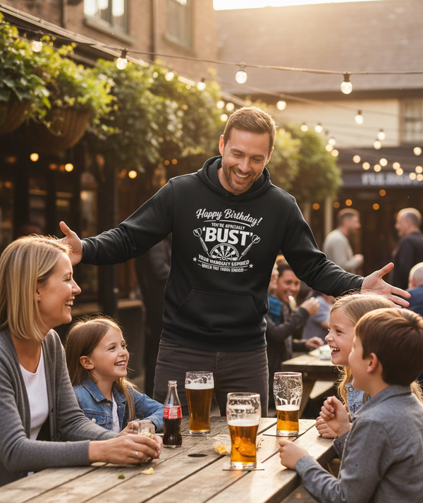 Happy Birthday! You’re Officially 'bust', Your Warranty Expired When the 1900s Ended | Funny Darts Birthday Hoodie