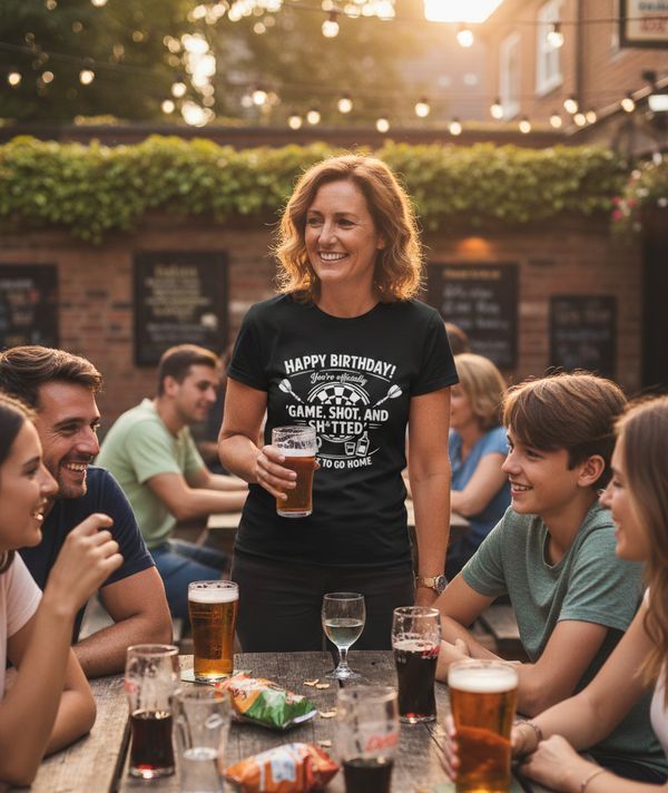 Happy Birthday! You’re Officially 'game, Shot, and Sh*tted'. Time to Go Home | Funny Darts Birthday T-shirt