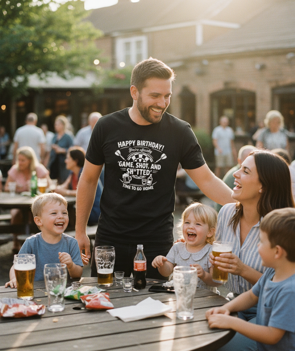 Happy Birthday! You’re Officially 'game, Shot, and Sh*tted'. Time to Go Home | Funny Darts Birthday T-shirt