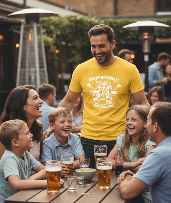 Happy Birthday! You’re Officially 'game, Shot, and Sh*tted'. Time to Go Home | Funny Darts Birthday T-shirt