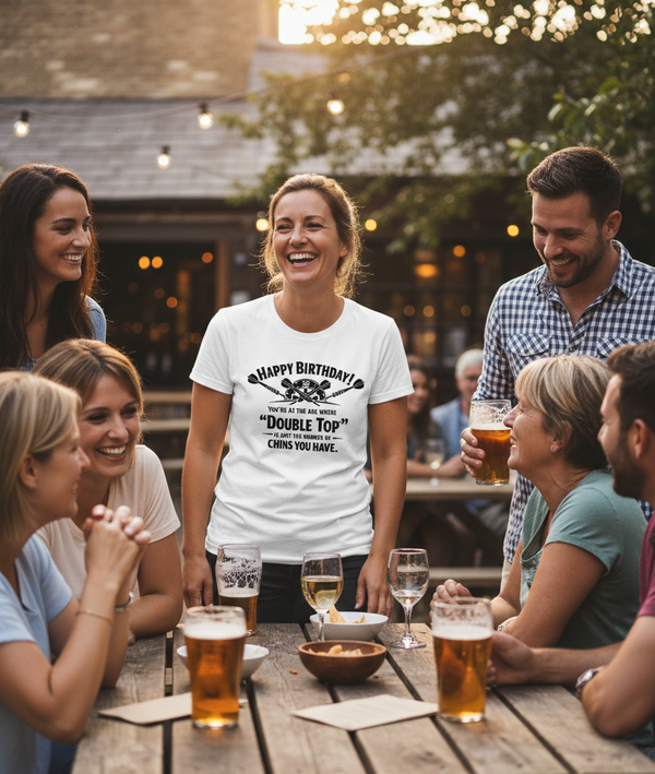 Happy Birthday! You’re at the Age Where 'double Top' is Just the Number of Chins You Have | Funny Darts Birthday T-shirt