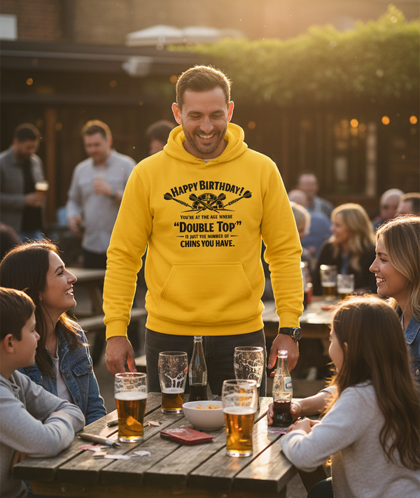Happy Birthday! You’re at the Age Where 'double Top' is Just the Number of Chins You Have | Funny Darts Birthday Hoodie