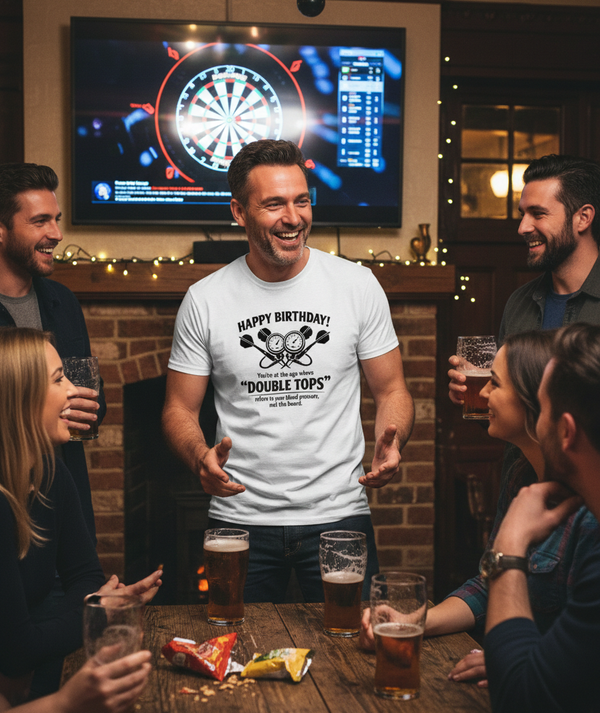 Happy Birthday! You’re at the Age Where 'double Tops' Refers to Your Blood Pressure, Not the Board | Funny Darts Birthday T-shirt