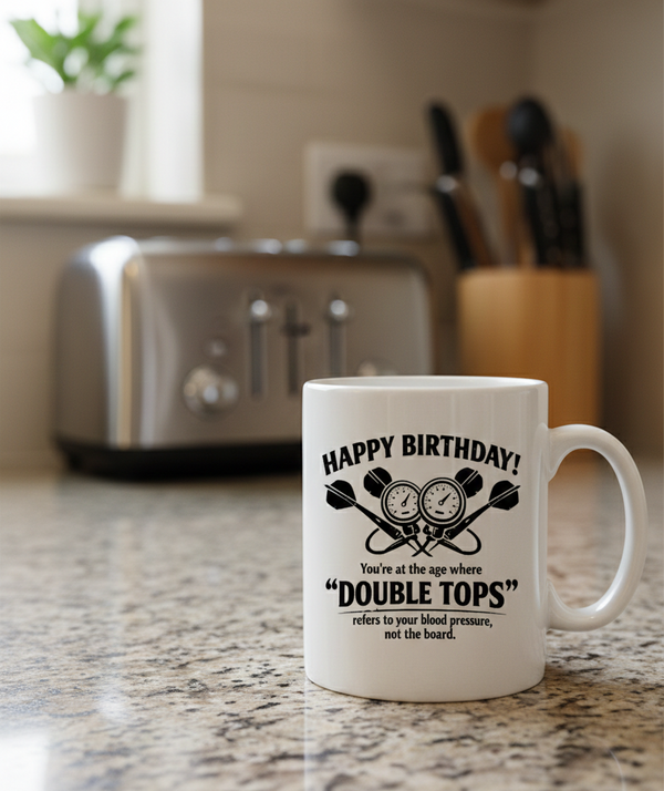 Happy Birthday! You’re at the Age Where 'double Tops' Refers to Your Blood Pressure, Not the Board | Funny Darts Birthday Mugs