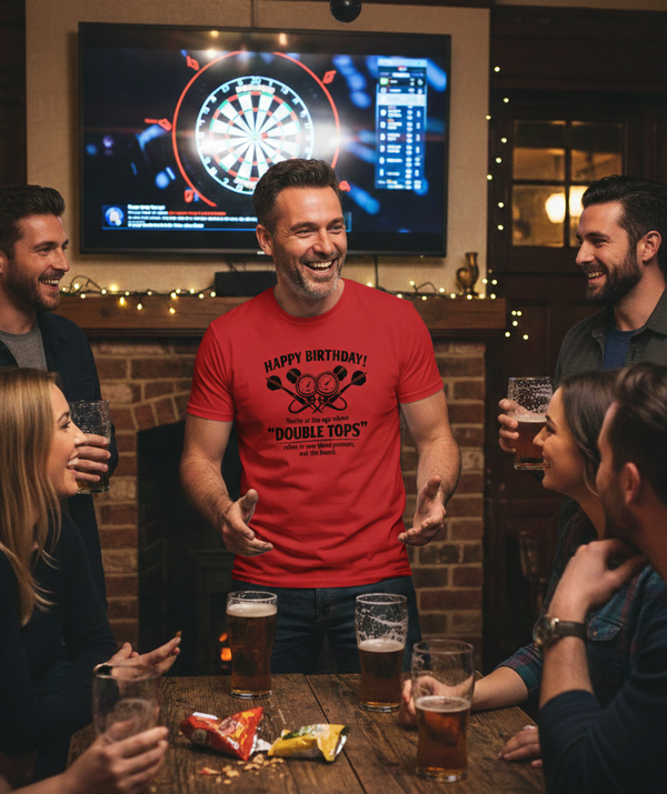 Happy Birthday! You’re at the Age Where 'double Tops' Refers to Your Blood Pressure, Not the Board | Funny Darts Birthday T-shirt