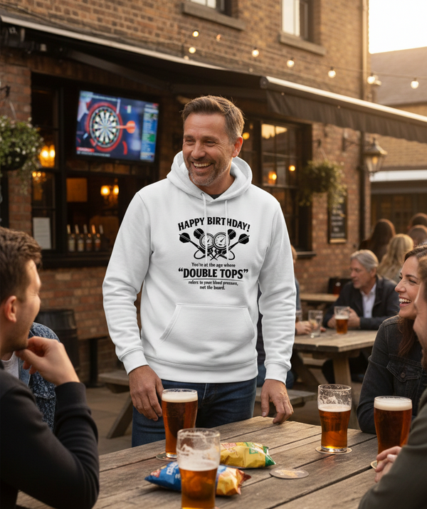 Happy Birthday! You’re at the Age Where 'double Tops' Refers to Your Blood Pressure, Not the Board | Funny Darts Birthday Hoodie