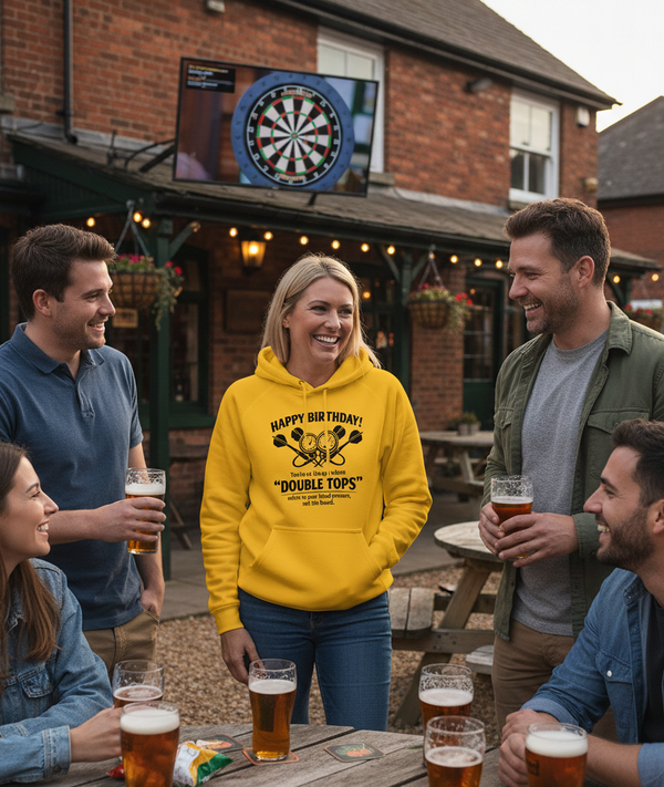 Happy Birthday! You’re at the Age Where 'double Tops' Refers to Your Blood Pressure, Not the Board | Funny Darts Birthday Hoodie