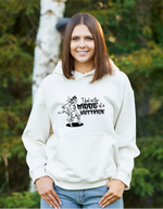 A lady wearing a white hoodie with I Bat In The Middle Of A Hat-trick on the front. A Funny Cricket Hoodie, Premium Fabric, Multiple Adult Sizes