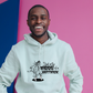 A man wearing a white hoodie with I Bat In The Middle Of A Hat-trick on the front. A Funny Cricket Hoodie, Premium Fabric, Multiple Adult Sizes