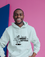 A man wearing a white hoodie with I Bat In The Middle Of A Hat-trick on the front. A Funny Cricket Hoodie, Premium Fabric, Multiple Adult Sizes