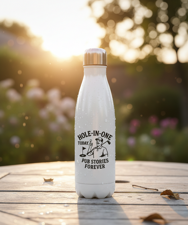 White water bottle with a printed design on a wooden surface with a blurred natural background. This is a Cows Corner water bottle with a funny golf slogan 'Hole-In-One Today… Pub Stories Forever'. Cows Corner gifts are perfect for sport-mad fans, these gifts work brilliantly for birthdays, new baby celebrations, Father’s Day, Mother’s Day, Christmas, anniversaries, thank you gifts, end-of-season team awards, graduations, retirements, and just-because moments when you want to raise a smile. 
