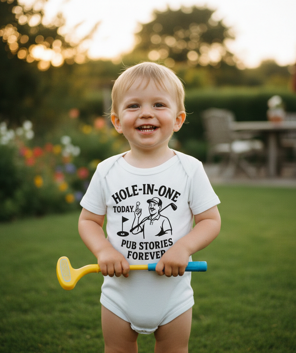 Child wearing a onesie with a golf-themed design, holding a toy golf club in a garden setting. The baby is wearing a Cows Corner baby grow with a funny golf slogan 'Hole-In-One Today… Pub Stories Forever'. Cows Corner gifts are perfect for sport-mad fans, these gifts work brilliantly for birthdays, new baby celebrations, Father’s Day, Mother’s Day, Christmas, anniversaries, thank you gifts, end-of-season team awards, graduations, retirements, and just-because moments when you want to raise a smile. 

