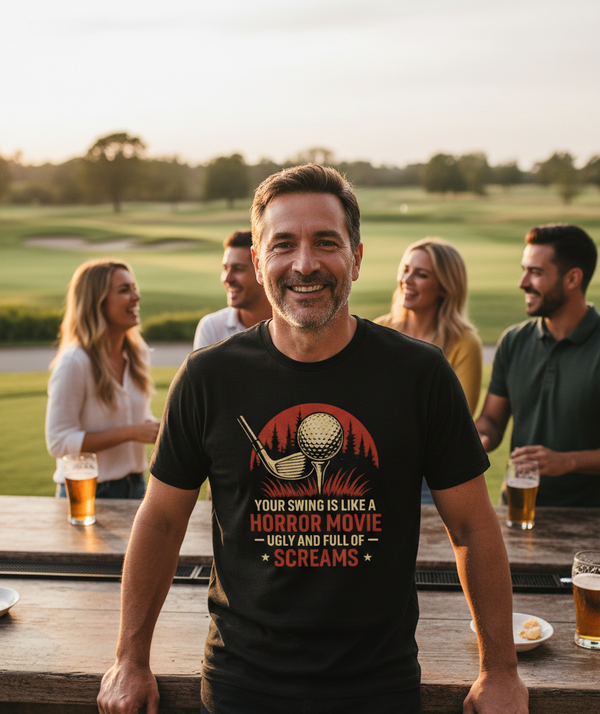 Man wearing a black t-shirt with a graphic design and text, standing outdoors with friends at a table. The man is wearing a Cows Corner t-shirt with the funny golf slogan 'Your Swing Is Like a Horror Movie, Ugly and Full of Screams'. Cows Corner gifts are perfect for sport-mad fans, these gifts work brilliantly for birthdays, new baby celebrations, Father’s Day, Mother’s Day, Christmas, anniversaries, thank you gifts, end-of-season team awards, graduations, retirements, and just-because moments 