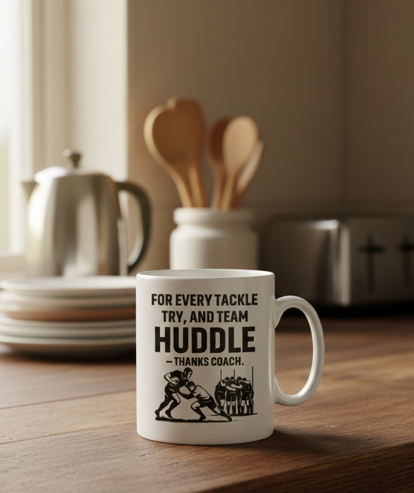 White mug with sports-themed design on a kitchen counter. This is a Cows Corner mug with a funny rugby slogan 'For Every Tackle, Try and Team Huddle – Thanks Coach.' Cows Corner gifts are perfect for sport-mad fans, these gifts work brilliantly for birthdays, new baby celebrations, Father’s Day, Mother’s Day, Christmas, anniversaries, thank you gifts, end-of-season team awards, graduations, retirements, and just-because moments when you want to raise a smile. 
