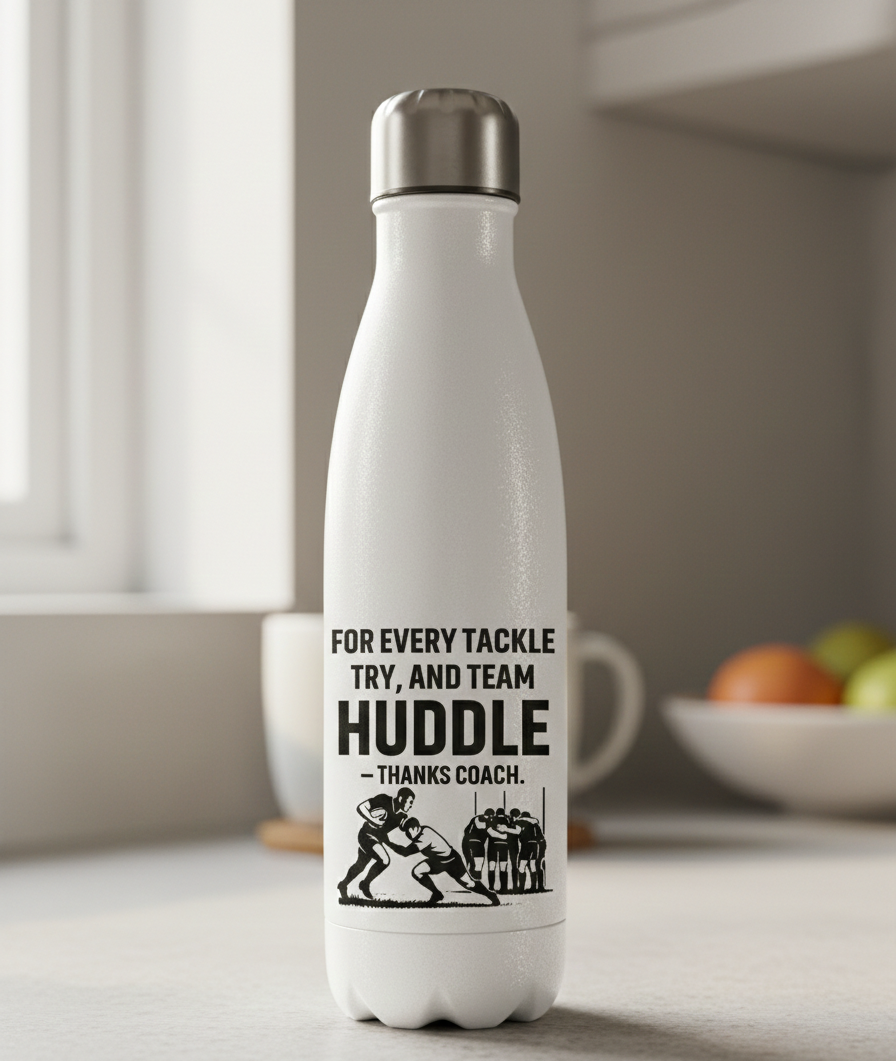 White water bottle with black text and graphics on a kitchen counter. This is a Cows Corner water bottle with a funny cricket slogan 'For Every Tackle, Try and Team Huddle – Thanks Coach'. Cows Corner gifts are perfect for sport-mad fans, these gifts work brilliantly for birthdays, new baby celebrations, Father’s Day, Mother’s Day, Christmas, anniversaries, thank you gifts, end-of-season team awards, graduations, retirements, and just-because moments when you want to raise a smile. 

