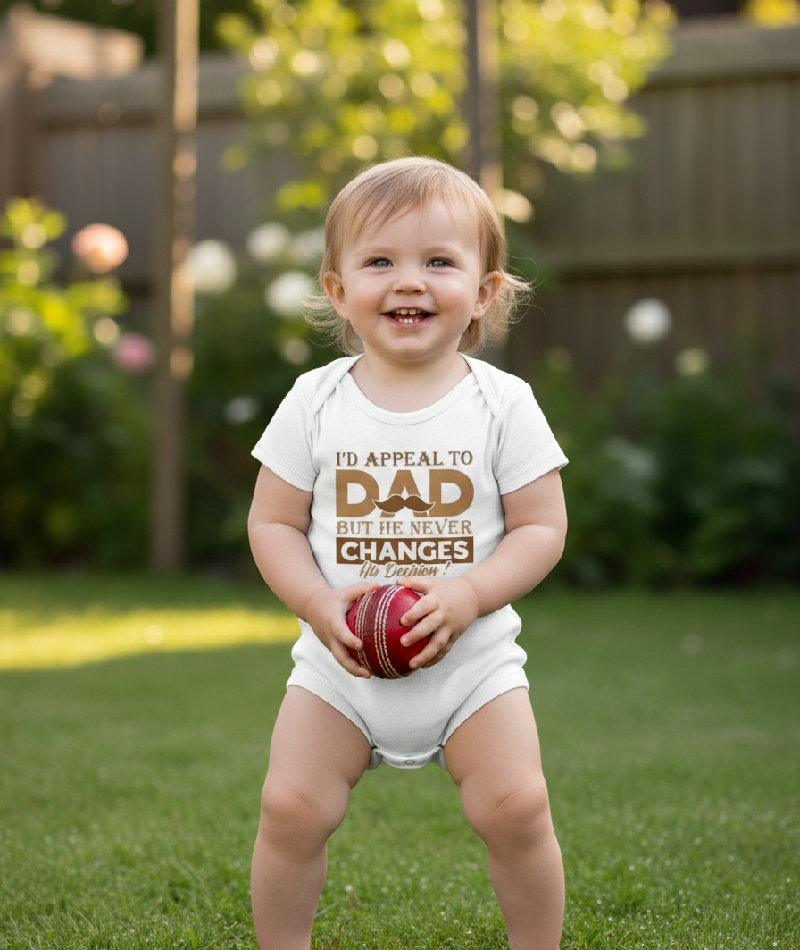 Child wearing a onesie with text holding a ball outdoors. The baby is wearing a Cows Corner baby grow with a funny cricket slogan 'I'd Appeal to Dad, But He Never Changes His Decision'. Cows Corner gifts are perfect for sport-mad fans, these gifts work brilliantly for birthdays, new baby celebrations, Father’s Day, Mother’s Day, Christmas, anniversaries, thank you gifts, end-of-season team awards, graduations, retirements, and just-because moments when you want to raise a smile. 
