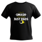 A black t-shirt that has a funny tennis slogan on the front that reads 'I Don't Smash Rackets Just Egos'
