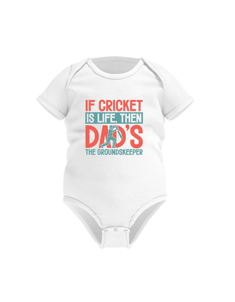If Cricket Is Live, Then Dad’s the Groundskeeper! Funny Cricket Baby Bodysuit, Organic or In-Conversion to Organic Cotton, Self Fabric Bound Neckline, Cuffs and Leg Openings