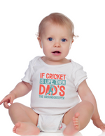 A baby wearing a baby grow with If Cricket Is Live, Then Dad’s the Groundskeeper on the front! Funny Cricket Baby Bodysuit, Organic or In-Conversion to Organic Cotton, Self Fabric Bound Neckline, Cuffs and Leg Openings