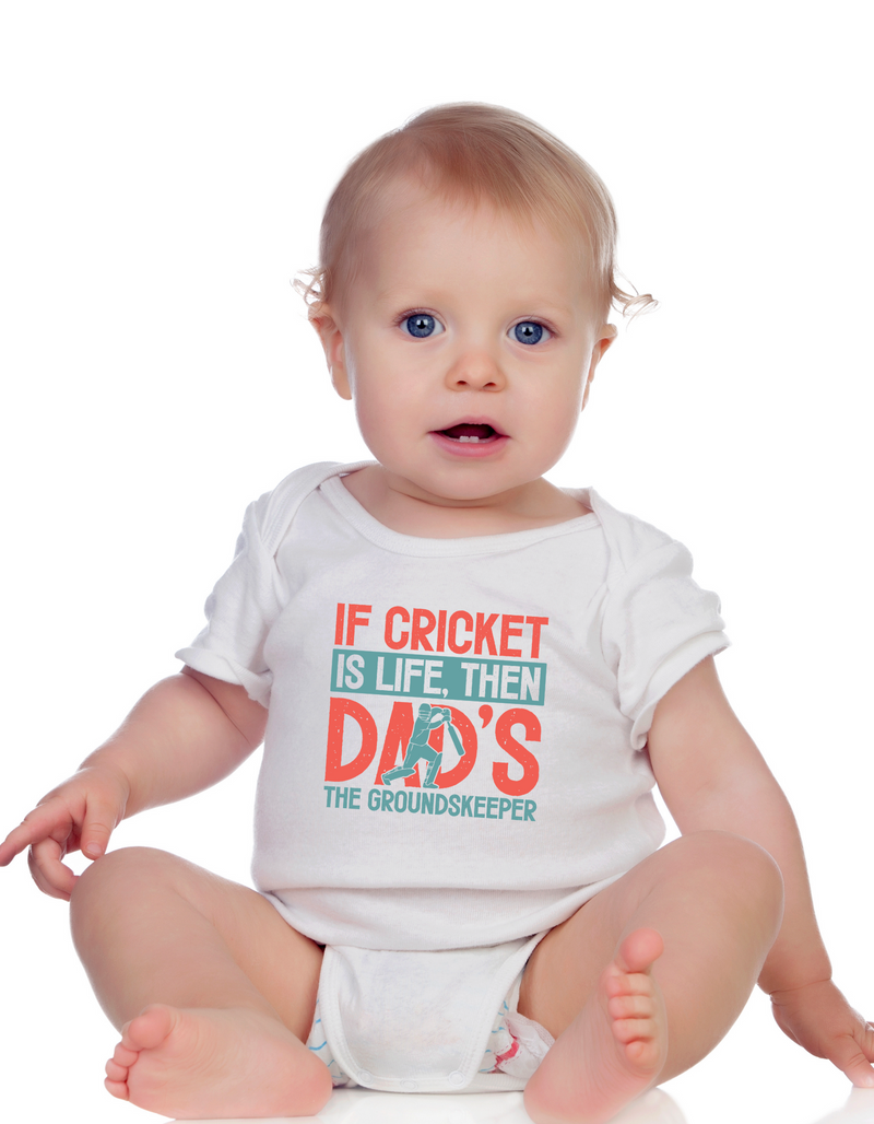 A baby wearing a baby grow with If Cricket Is Live, Then Dad’s the Groundskeeper on the front! Funny Cricket Baby Bodysuit, Organic or In-Conversion to Organic Cotton, Self Fabric Bound Neckline, Cuffs and Leg Openings