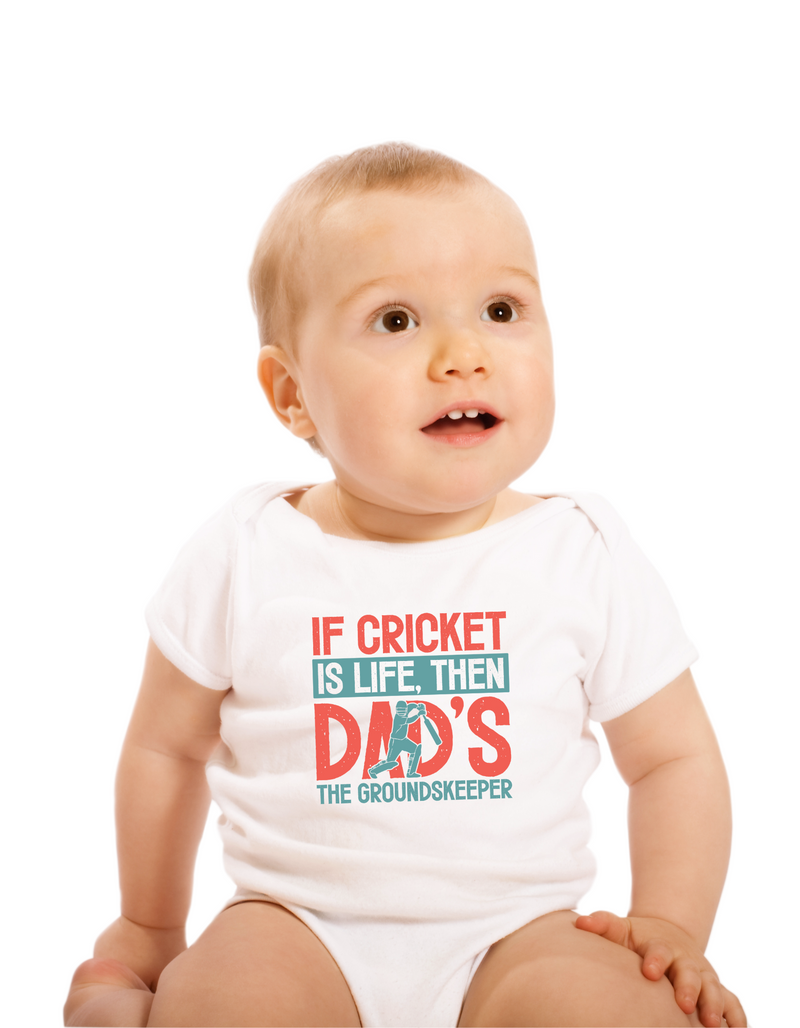 A baby wearing a baby grow with If Cricket Is Live, Then Dad’s the Groundskeeper on the front! Funny Cricket Baby Bodysuit, Organic or In-Conversion to Organic Cotton, Self Fabric Bound Neckline, Cuffs and Leg Openings
