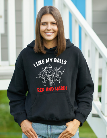 I Like My Balls Red And Hard!  Funny Cricket Hoodie, Premium Fabric, Multiple Adult Sizes