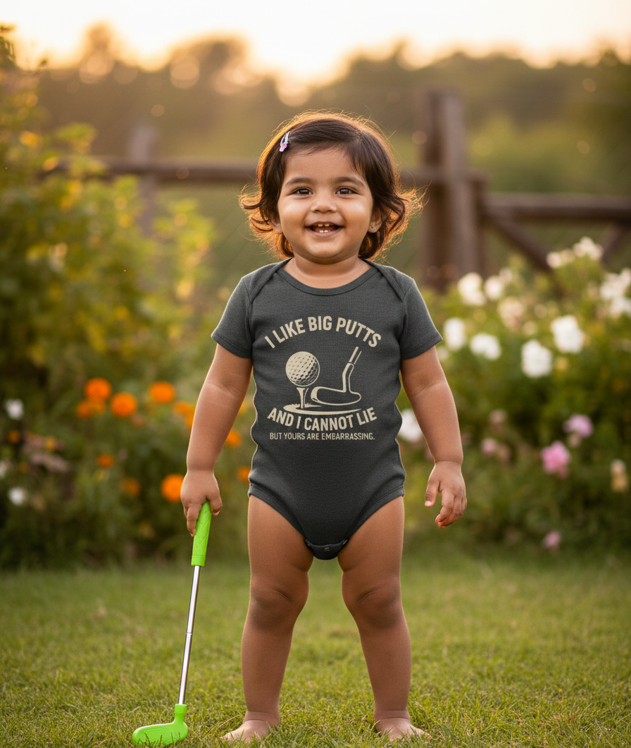 Child wearing a humorous onesie holding a toy golf club in a garden setting.  The baby is wearing a Cows Corner baby grow with the funny golf slogan 'I Like Big Putts and I Cannot Lie, but Yours Are Embarrassing'. Cows Corner gifts are perfect for sport-mad fans, these gifts work brilliantly for birthdays, new baby celebrations, Father’s Day, Mother’s Day, Christmas, anniversaries, thank you gifts, end-of-season team awards, graduations, retirements, and just-because moments when you want to raise a smile. 