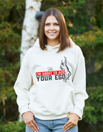 A lady wearing a white hoodie with the funny tennis slogan on the front that reads 'Shh....i'm About To Ace Your Ego'