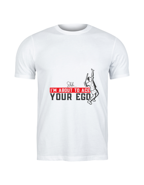 A white t-shirt with the funny tennis slogan on the front that reads 'Shh....i'm About To Ace Your Ego'