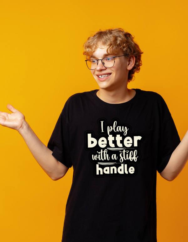 A man wearing a black t-shirt with I Play Better With A Stiff Handle on the front, A  Funny Cricket Tee, Premium Fabric, Multiple Adult Sizes