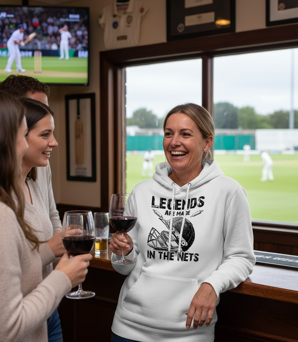 People watching a cricket match in a pub with a woman in a hoodie with a sports-themed message. The lady is wearing a Cows Corner hoodie with the funny cricket slogan that reads 'Legends Are Made in the Nets'. Cows Corner gifts are perfect for sport-mad fans, these gifts work brilliantly for birthdays, new baby celebrations, Father’s Day, Mother’s Day, Christmas, anniversaries, thank you gifts, end-of-season team awards, graduations, retirements, and just-because moments when you want to raise a smile. 
