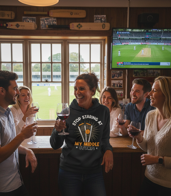 Group of people in a pub watching a cricket match on TV, one person wearing a hoodie with a cricket-themed design. The lady is wearing a Cows Corner hoodie with the funny cricket slogan on the front that reads 'Stop Staring At My Middle Stump'.  Cows Corner gifts are perfect for sport-mad fans, these gifts work brilliantly for birthdays, new baby celebrations, Father’s Day, Mother’s Day, Christmas, anniversaries, thank you gifts, end-of-season team awards, graduations, retirements, and just-because moments 