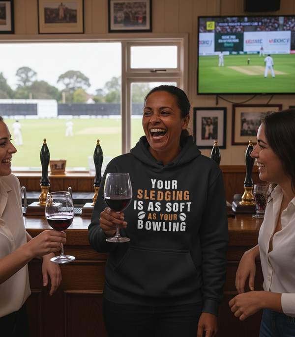 Three women in a pub with one holding a glass of wine, wearing a hoodie with humorous text. The lady is wearing a Cows Corner hoodie with a funny cricket slogan that reads 'Your Sledging Is As Soft As Your Bowling'. Cows Corner gifts are perfect for sport-mad fans, these gifts work brilliantly for birthdays, new baby celebrations, Father’s Day, Mother’s Day, Christmas, anniversaries, thank you gifts, end-of-season team awards, graduations, retirements, and just-because moments when you want to raise a smile