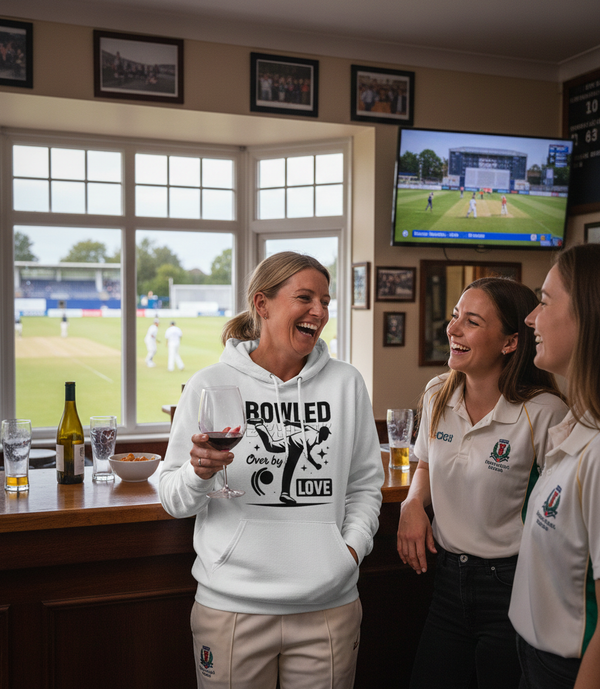 Three women in a pub setting, one wearing a hoodie with a unique design, with a TV showing a cricket match in the background. The lady is wearing a Cows Corner hoodie with the funny cricket slogan 'Bowled Over by Love'. Cows Corner gifts are perfect for sport-mad fans, these gifts work brilliantly for birthdays, new baby celebrations, Father’s Day, Mother’s Day, Christmas, anniversaries, thank you gifts, end-of-season team awards, graduations, retirements, and just-because moments 