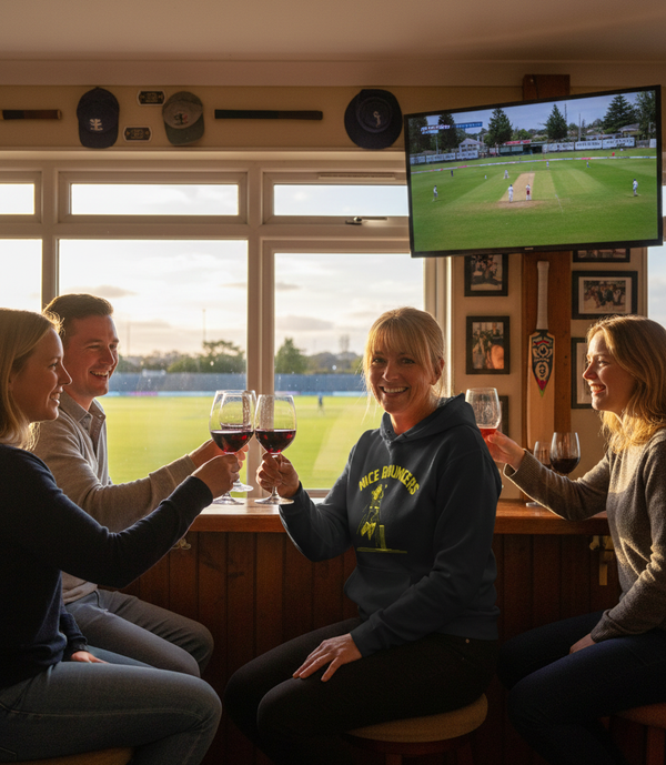 People watching a cricket match on TV in a sports bar. The lady is wearing a Cows Corner hoodie with the funny cricket slogan that reads 'Nice Bouncers'.  Cows Corner gifts are perfect for sport-mad fans, these gifts work brilliantly for birthdays, new baby celebrations, Father’s Day, Mother’s Day, Christmas, anniversaries, thank you gifts, end-of-season team awards, graduations, retirements, and just-because moments when you want to raise a smile. 
