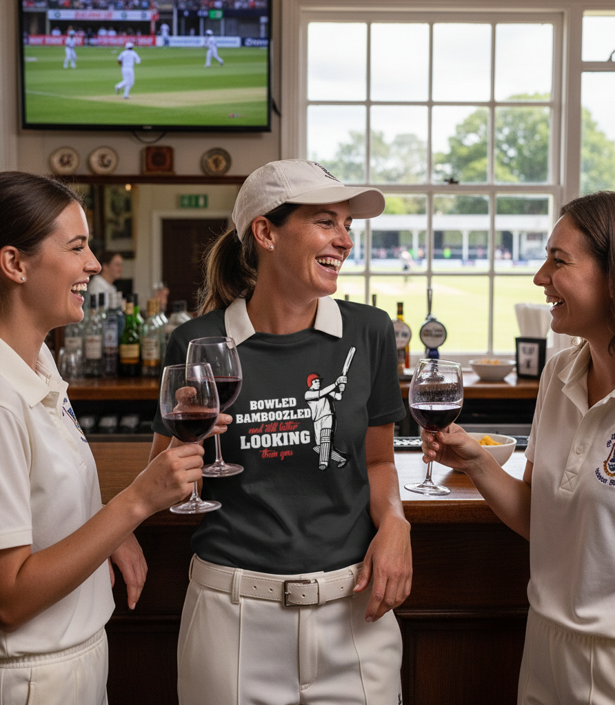 Three women in cricket attire are enjoying drinks in a pub with a TV showing a cricket match.  The lady is wearing a Cows Corner t-shirt with the funny cricket saying on the front which says 'Bowled & Bamboozled And Still Looking Better Than You'