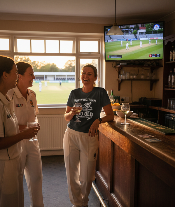 Woman in a blue t-shirt with a birthday message standing in a bar with a TV showing a cricket match. The lady is wearing a Cows Corner t-shirt with the funny cricket birthday slogan that reads 'Happy Birthday! You’re Officially Too Old for a Quick Single'. Cows Corner gifts are perfect for sport-mad fans, these gifts work brilliantly for birthdays, new baby celebrations, Father’s Day, Mother’s Day, Christmas, anniversaries, thank you gifts, end-of-season team awards, graduations, retirements