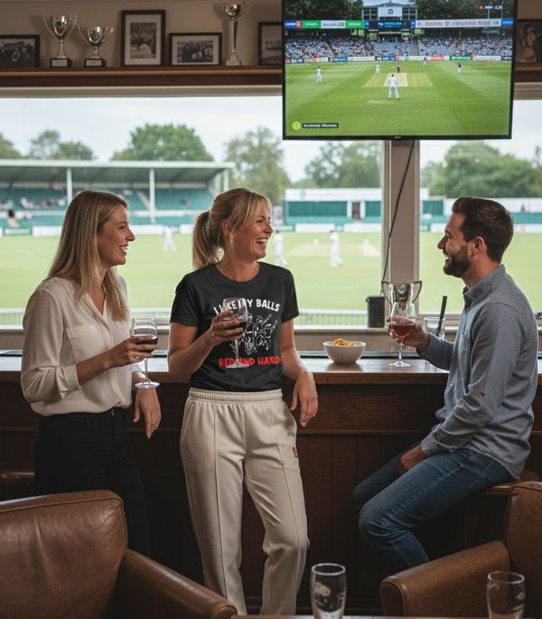 Three people in a sports bar watching a cricket match on television.  The lady is wearing a Cows Corner t-shirt with the funny cricket slogan on the front that says 'I Like My Balls Red And Hard'