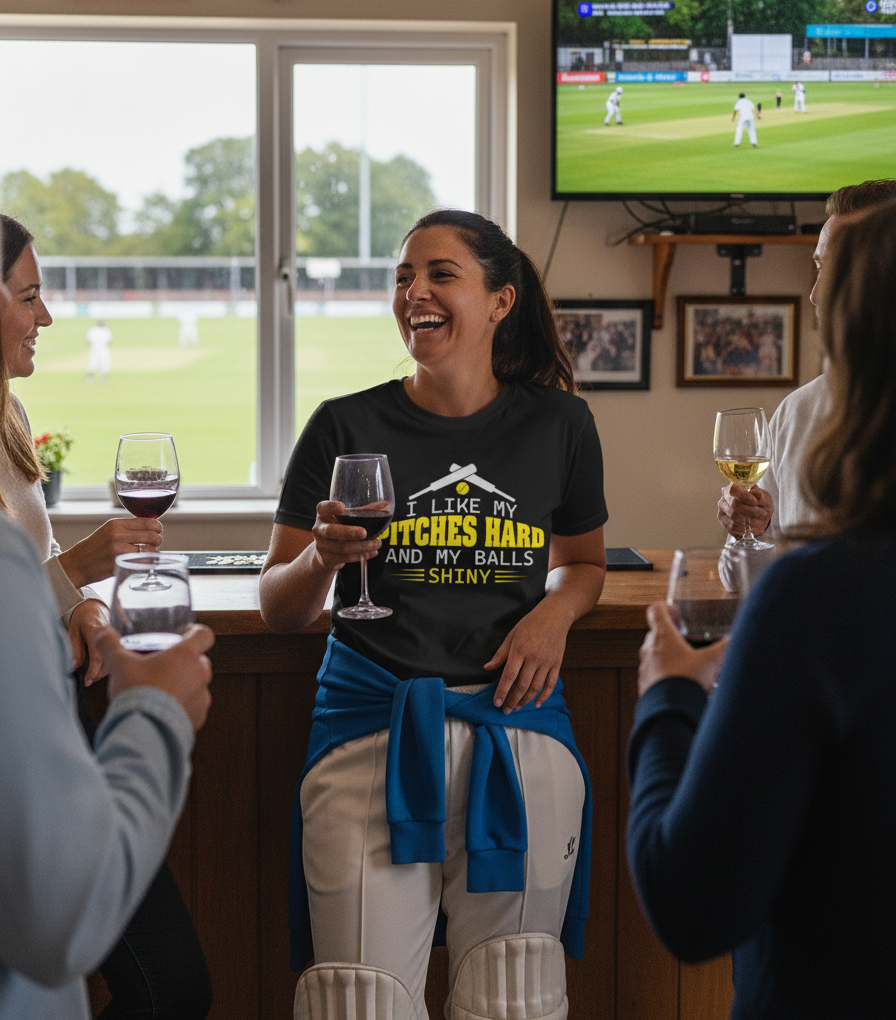 A lady standing in her local cricket club wearing a Cows Corner funny t-shirt with the funny slogan on the front that reads 'I like my pitches hard and my balls shiny!'