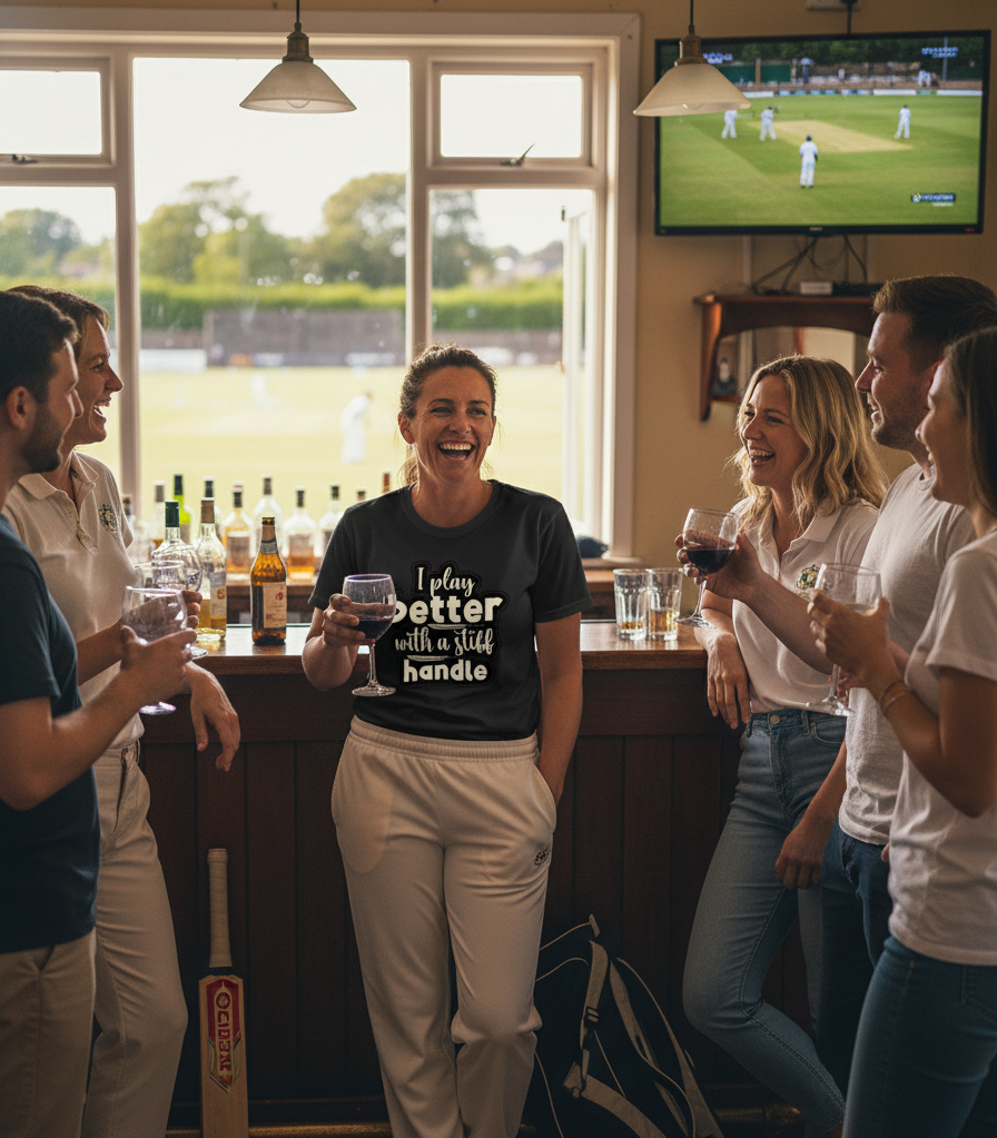 Group of people in a pub watching cricket on TV, one person holding a glass with a humorous t-shirt with the Cows Corner funny slogan on the front saying 'I play better with a stiff handle'.