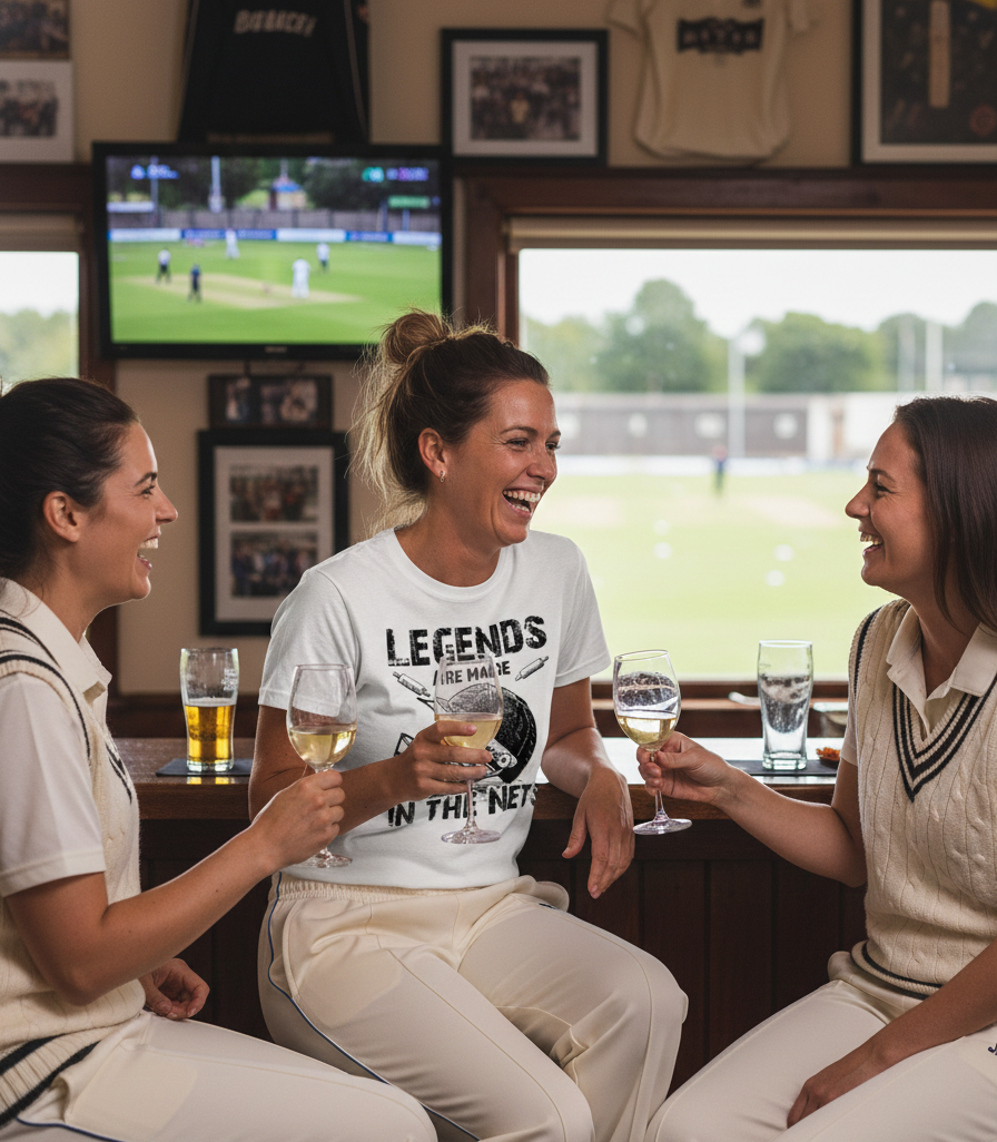 Three women in cricket attire sitting together, smiling and holding drinks in a sports bar.  The lady is wearing a Cows Corner T-shirt with the funny cricket slogan on the front that reads 'Legends Are Made in the Nets'. Cows Corner gifts are perfect for sport-mad fans, these gifts work brilliantly for birthdays, new baby celebrations, Father’s Day, Mother’s Day, Christmas, anniversaries, thank you gifts, end-of-season team awards, graduations, retirements, and just-because moments 