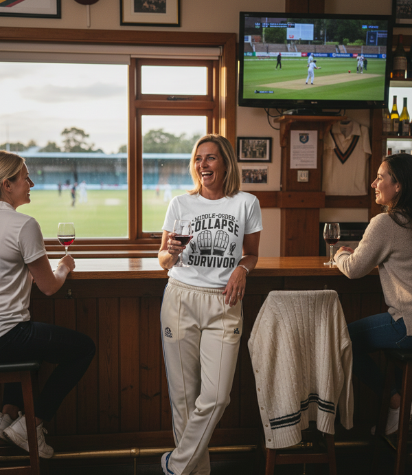 Three women in a pub watching cricket on television, one wearing a 'Collaps Survivor' t-shirt.  She is wearing a Cows Corner T-shirt with the funny cricket slogan on the front that reads 'Middle-Order Collapse Survivor'.  Cows Corner gifts are perfect for sport-mad fans, these gifts work brilliantly for birthdays, new baby celebrations, Father’s Day, Mother’s Day, Christmas, anniversaries, thank you gifts, end-of-season team awards, graduations, retirements, and just-because moments.