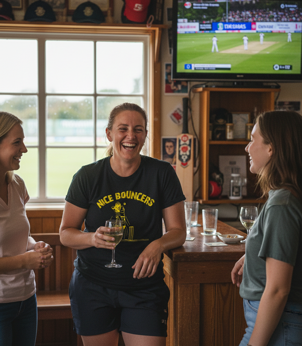 Three women in a casual setting with a TV showing a sports game in the background.  The lady is wearing a Cows Corner t-shirt with the funny cricket slogan on front saying 'Nice Bouncers'. 