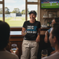 Woman in a sports bar with a humorous t-shirt, holding a glass of wine, with a TV showing a cricket match in the background.  The lady is wearing a Cows Corner T-shirt with the funny cricket slogan on the front saying 'Pad Up, Shut Up And Try Not To Nick Off