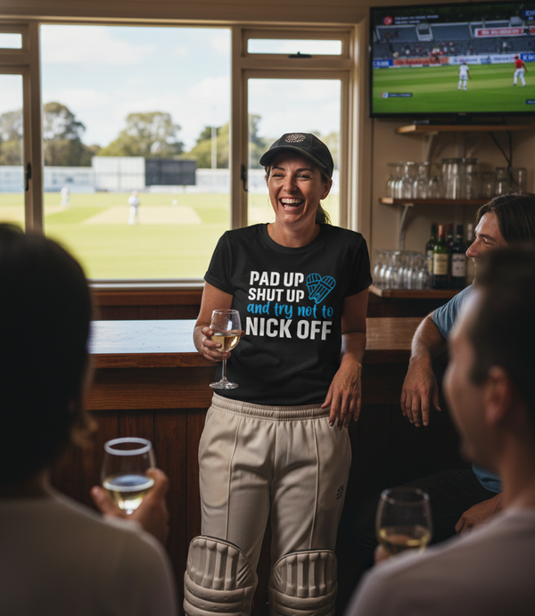 Woman in a sports bar with a humorous t-shirt, holding a glass of wine, with a TV showing a cricket match in the background.  The lady is wearing a Cows Corner T-shirt with the funny cricket slogan on the front saying 'Pad Up, Shut Up And Try Not To Nick Off