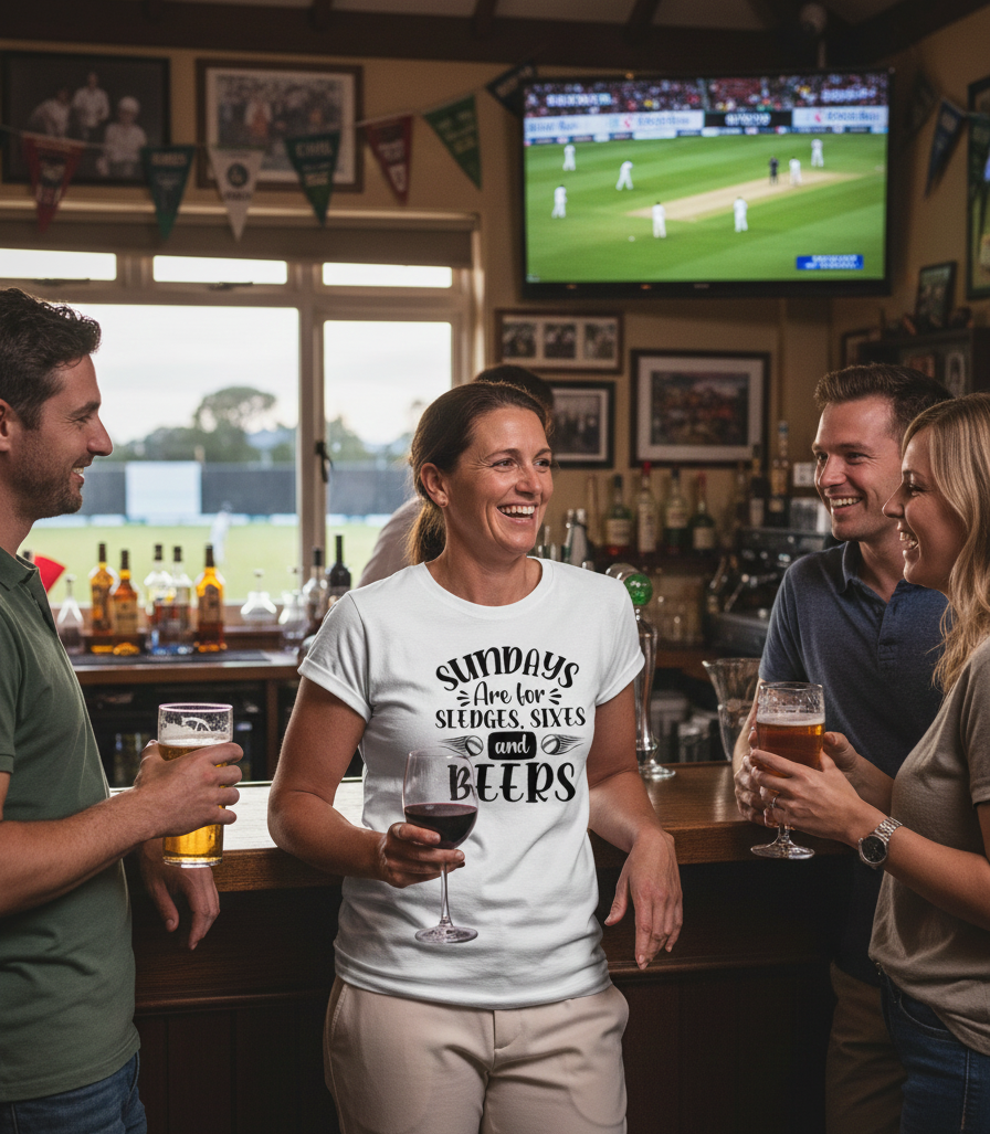 People in a bar enjoying drinks and watching sports on television, she is wearing a Cows Corner T-shirt with the funny cricket slogan on the front that reads 'Sundays Are for Sledges, Sixes & Beers'.  Cows Corner gifts are perfect for sport-mad fans, these gifts work brilliantly for birthdays, new baby celebrations, Father’s Day, Mother’s Day, Christmas, anniversaries, thank you gifts, end-of-season team awards, graduations, retirements, and just-because moments when you want to raise a smile.  