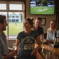People in a pub watching a cricket match on television.  She is wearing a Cows Corner t-shirt with the funny cricket slogan on the front saying 'You Bring The Sledging, I'll Bring The Sixes' 