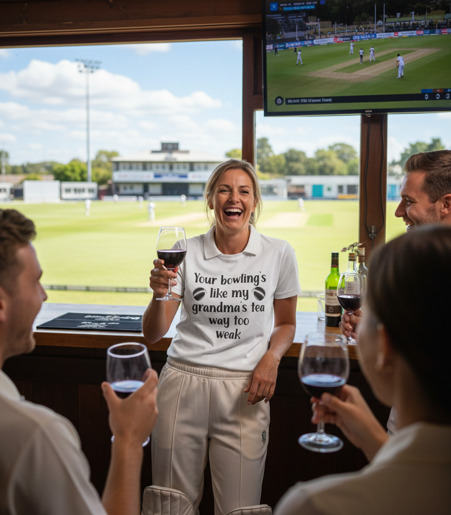 People in a bar watching cricket on TV, one person holding a glass with a humorous message.  The lady is wearing a  Cows Corner t-shirt with the funny cricket saying Your bowling is like my grandma's tea, way too weak!' on the front.
