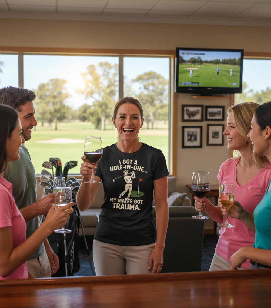 Group of people in a golf-themed bar with a woman in a humorous t-shirt holding a glass of wine. The lady is wearing a Cows Corner t-shirt with the funny golf slogan 'I Got A Hole-In-One… My Mates Got Trauma'. Cows Corner gifts are perfect for sport-mad fans, these gifts work brilliantly for birthdays, new baby celebrations, Father’s Day, Mother’s Day, Christmas, anniversaries, thank you gifts, end-of-season team awards, graduations, retirements, and just-because moments when you want to raise a smile. 
